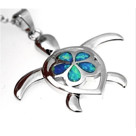 ADORABLE BLUE OPAL FLOWER SHELL SILVER SEA TURTLE NECKLACE - Picture 2 of 8
